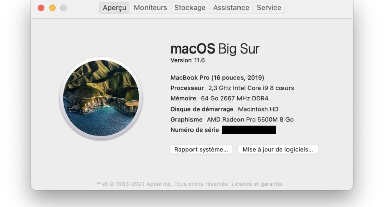 MacBook Pro 16 i9 8 cores 2,3GHz 64/2 To AMD 5500M
