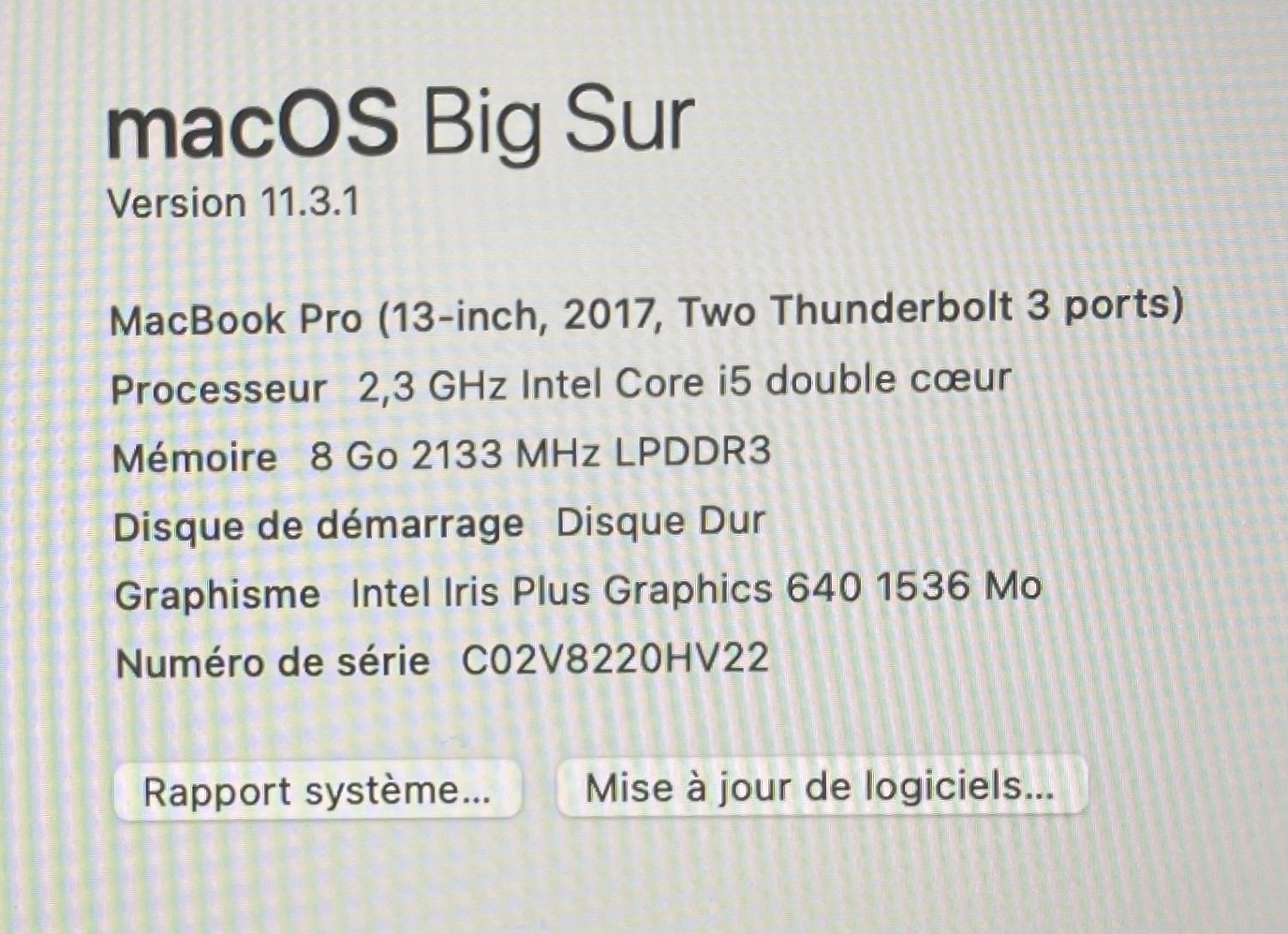 MacBook Pro 2017 i5 2,3Ghz 128Go – 8 Go de RAM