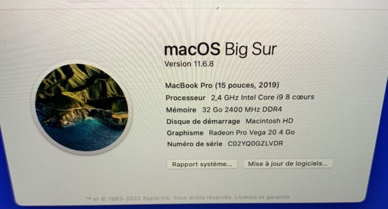 MacBook Pro 15 pouces 2,4 Ghz i9 Intel Core 8 cœur