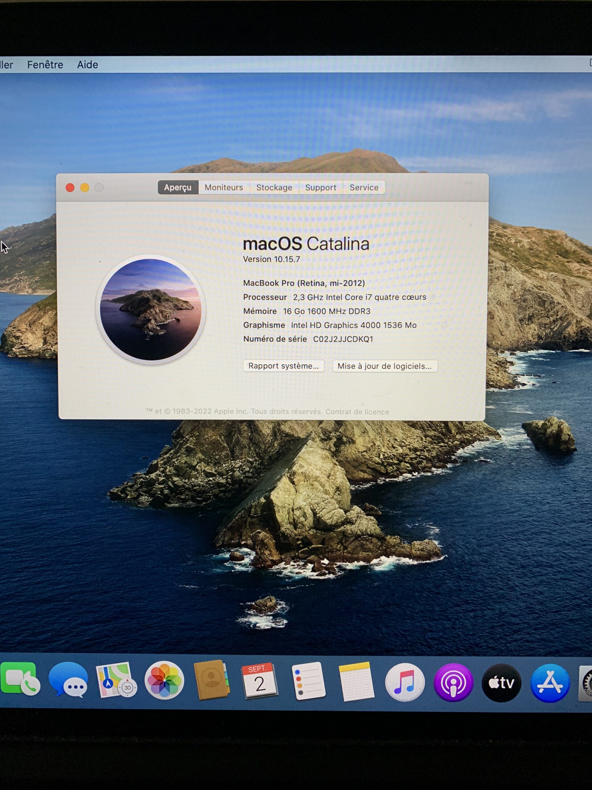 MacBook Pro 15 pouces Retina 16G° 256G° OS 10.15.7
