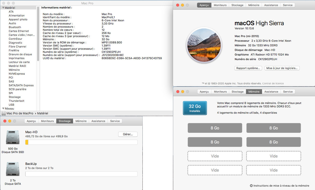 Mac Pro mi-2010 – 12 cores / 3,33Ghz / 32Mo / 500