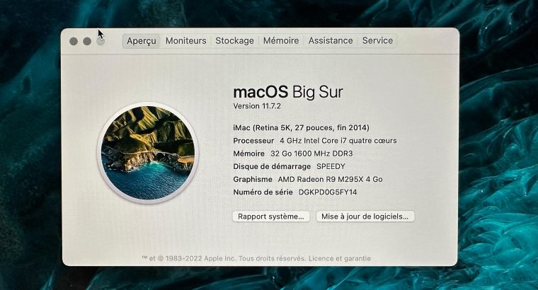 iMac 27″ 5K / 4GHz i7 / SSD 500Go / RAM 32go