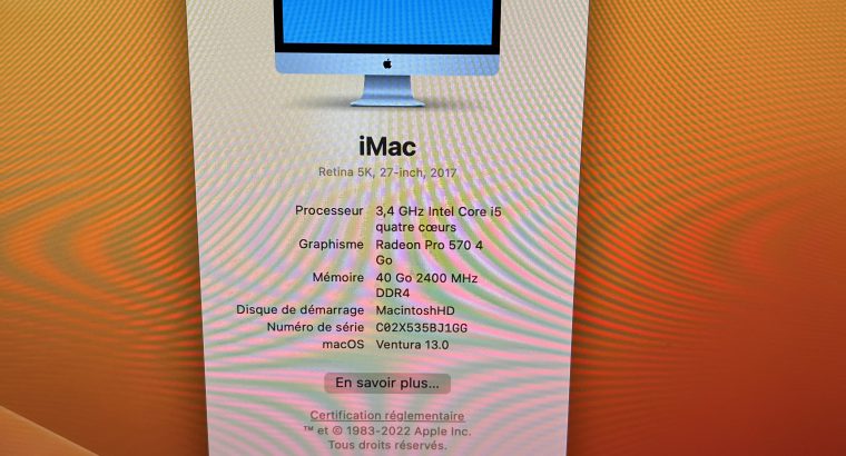 iMac 27″ 5K / 3,4 GHz Intel core i5 / 40G / 1To
