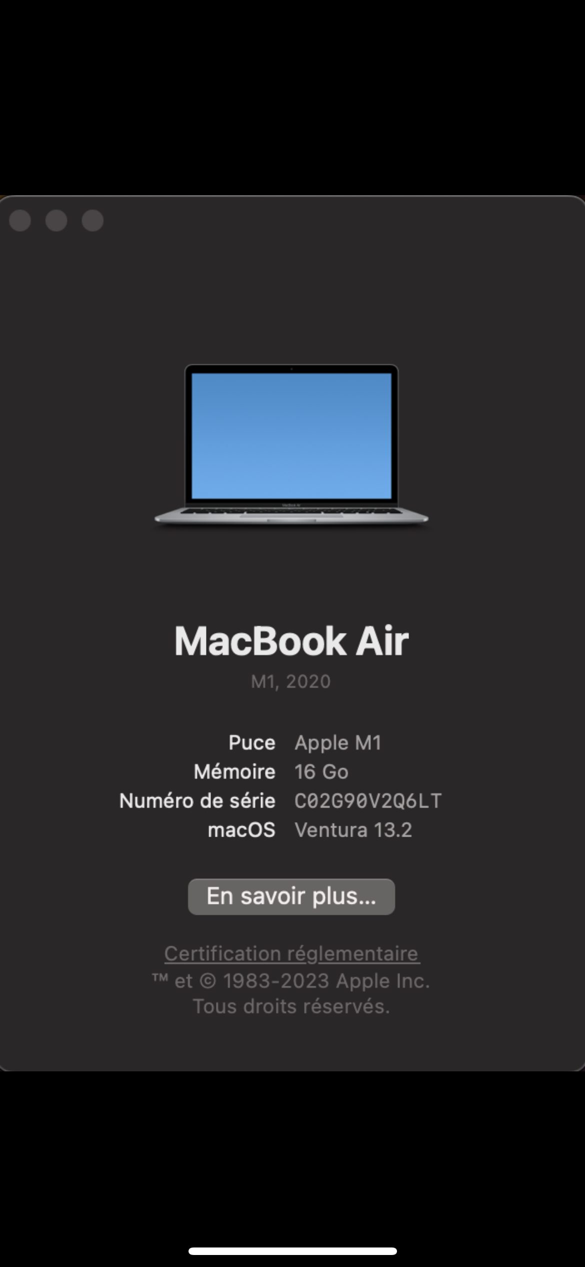 macbook air M1, 16Go RAM, 512Go SDD