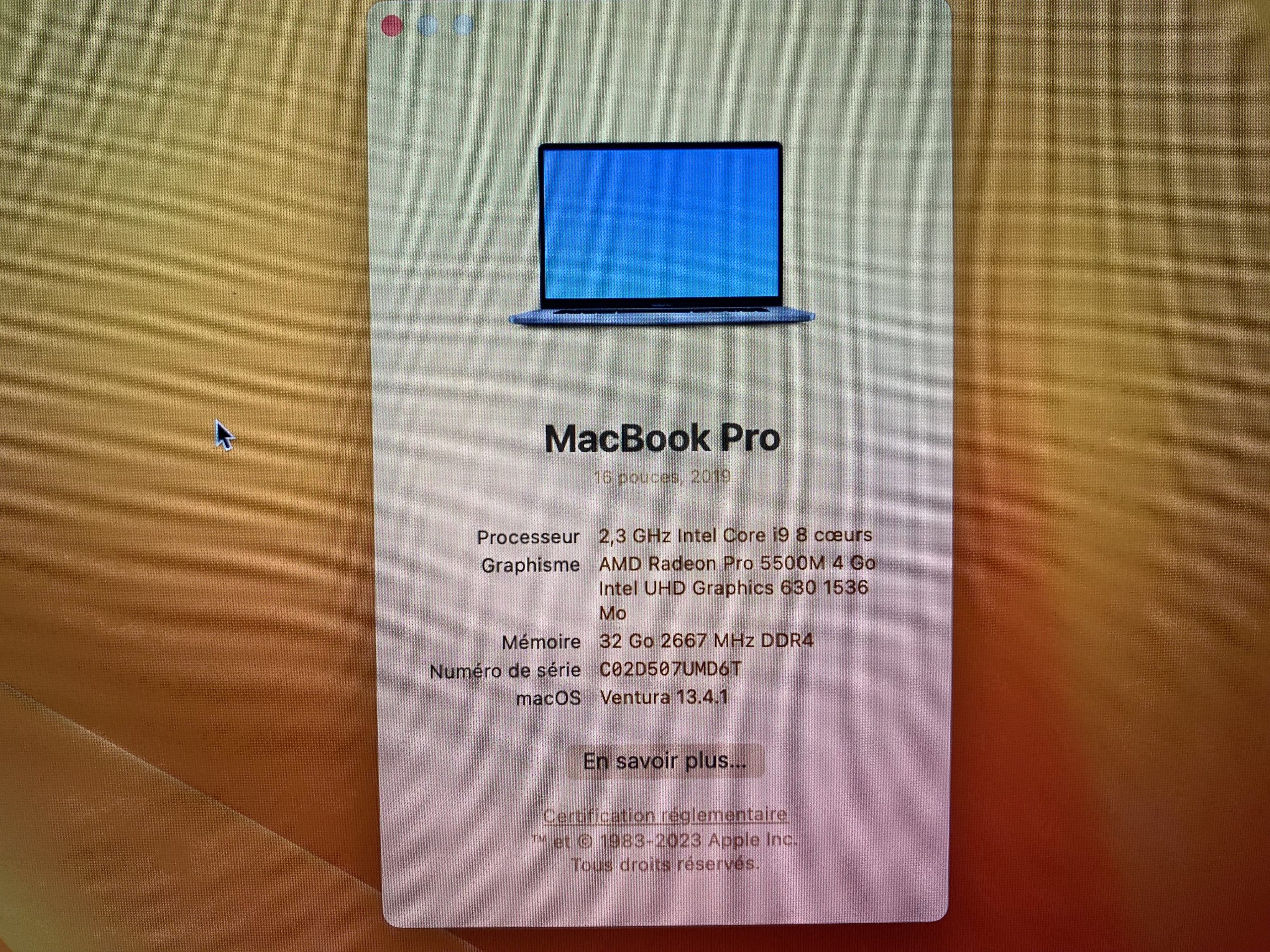 Macbook Pro 16″ i9 2.3Ghz 32Go 1To SSD