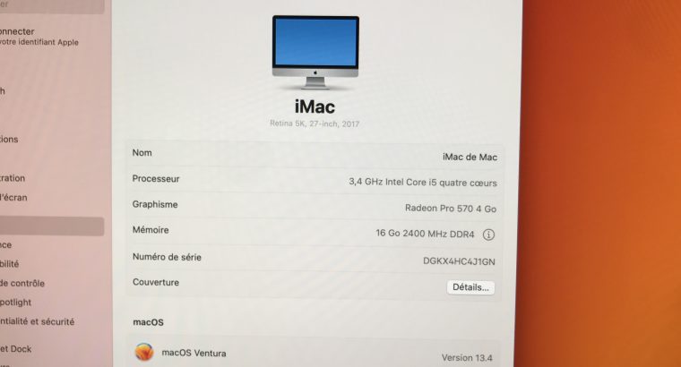 iMac 27″ Retina 5K 2017 Core i5 – SSD 512Go – 16Go
