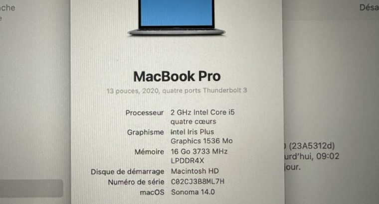 MacBook Pro 13″ 2020 Corei5 – SSD 512Go – RAM 16Go
