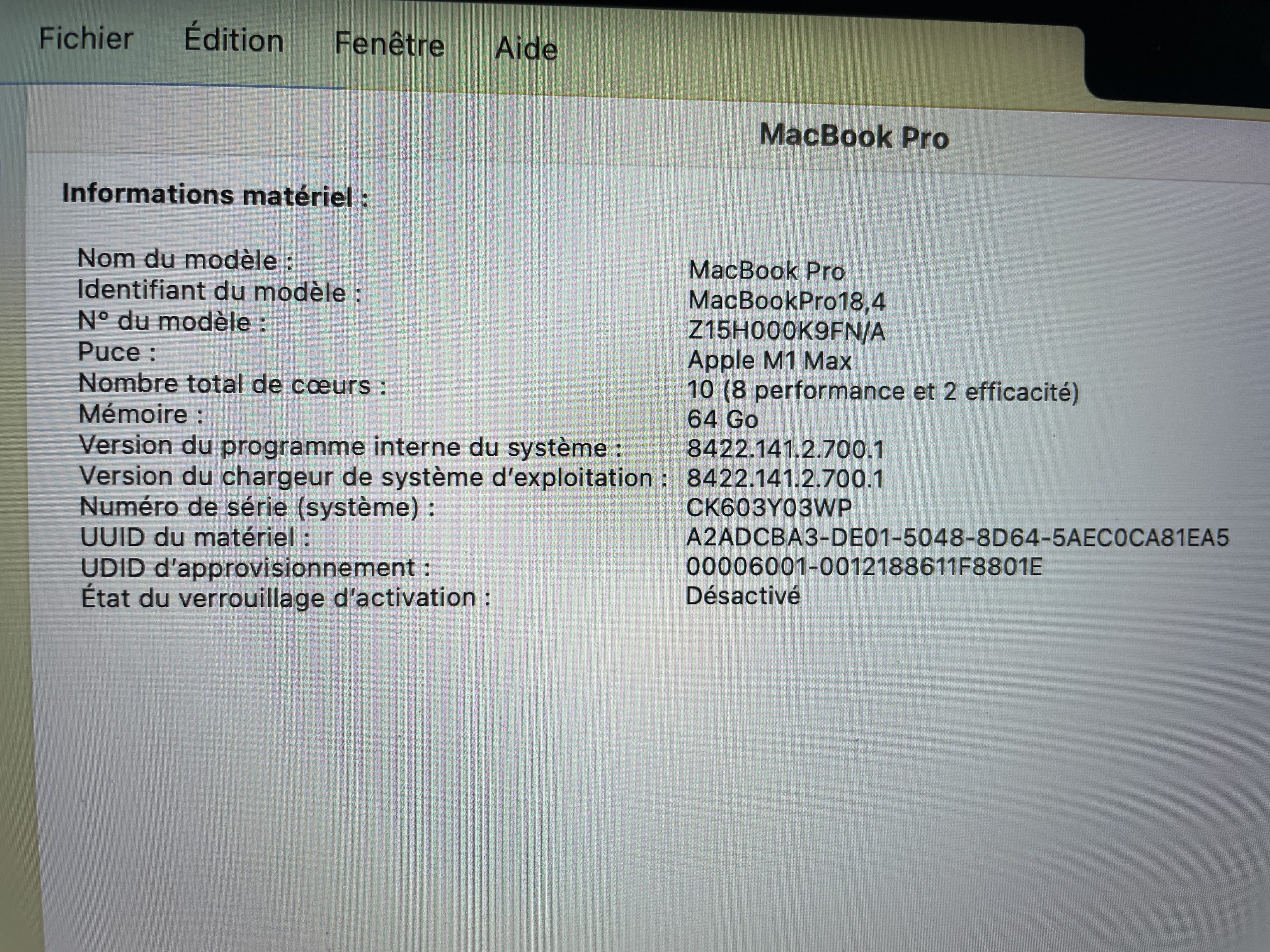 Macbook Pro M1Max 10/32 – 64 Go – 4To