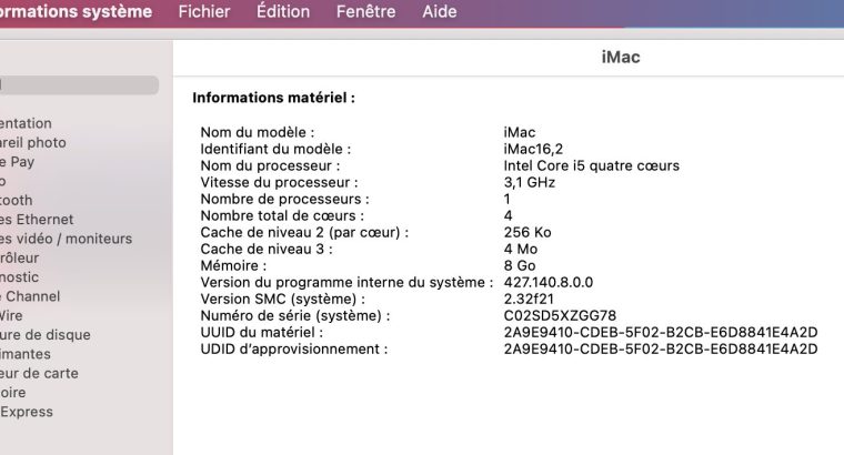 iMac 16,2 – Retina 21,5 – 1To SATA – 8Go DDR3