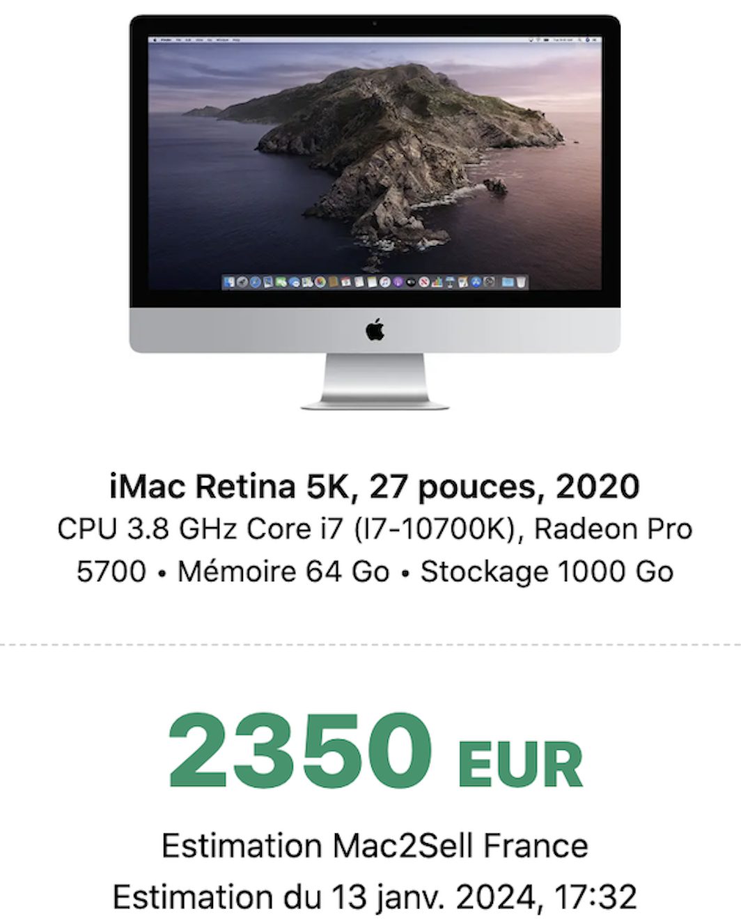 iMac 5K 27″ 2020 i7 1 To SSD 64 Go 10Gb Ethernet
