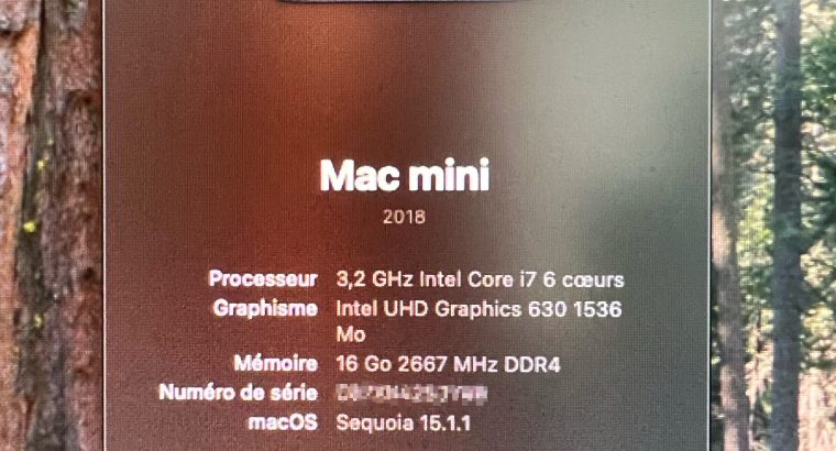 Mac Mini 2018, i7 3.2 GHz, 16 Go RAM, 512 Go SSD